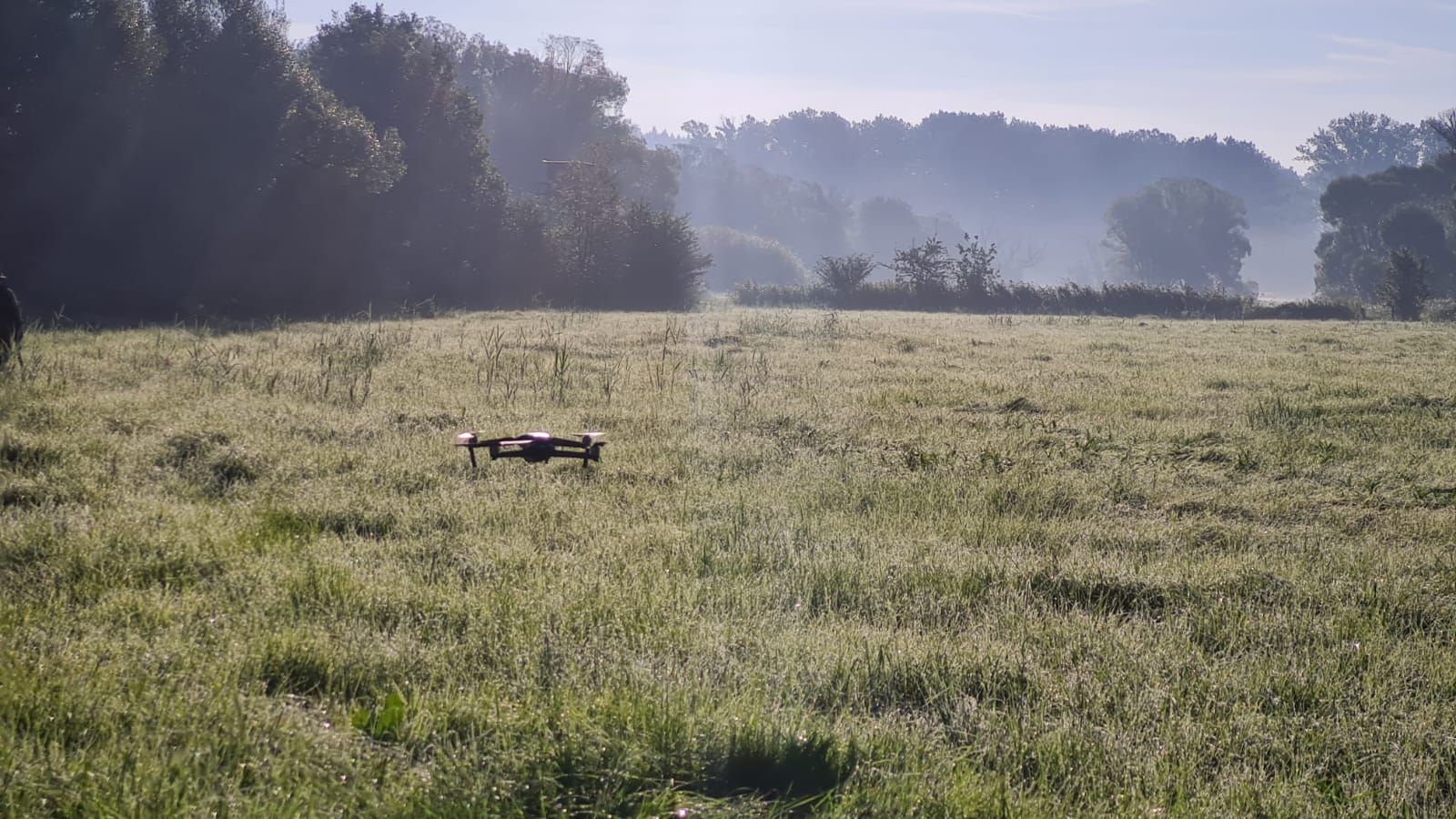 Drohne im Anflug über einer taunassen Wiese im Morgennebel beim Dreh für die Jagdschule