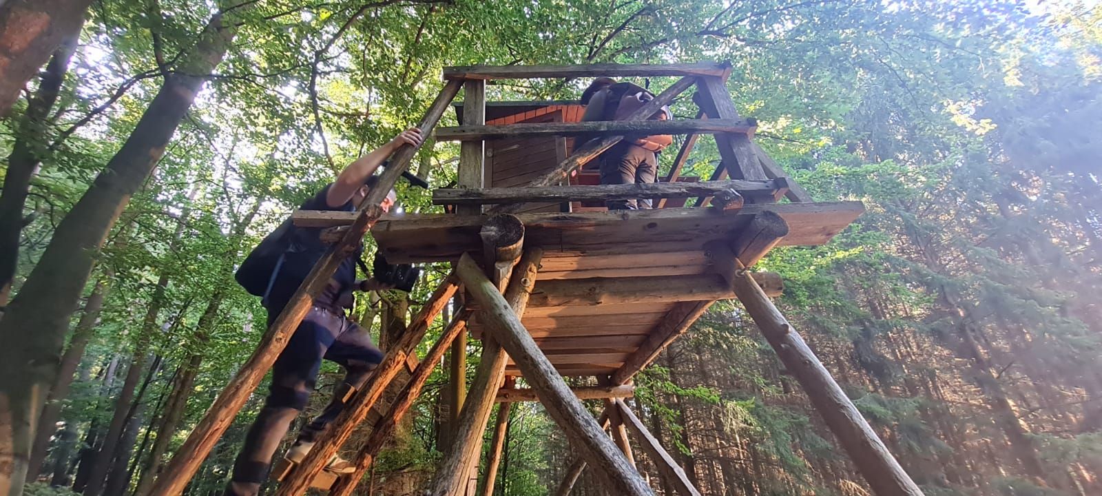 Kamerateam steigt mit der Ausrüstung auf einen Hochsitz im Wald, Making of am Linslerhof
