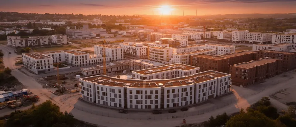 Drohnenaufnahme eines Wohnquartiers im Sonnenuntergang aus dem SBT Imagefilm