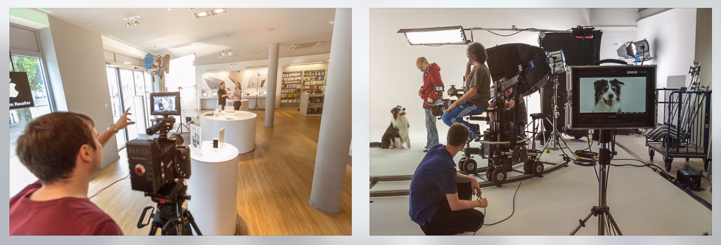 Dreharbeiten mit Cinema Kamera in einem Ladengeschäft und im Studio, Beispiel für den Aufbau eines Imagefilm Drehs Dreharbeiten mit Cinema Kamera in einem Ladengeschäft und im Studio, Beispiel für den Aufbau eines Imagefilm Drehs